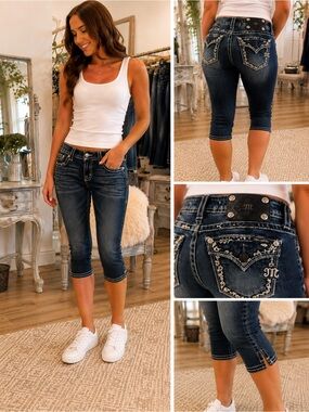 Miss Me Dark Blue Embroidered Capri Jeans
